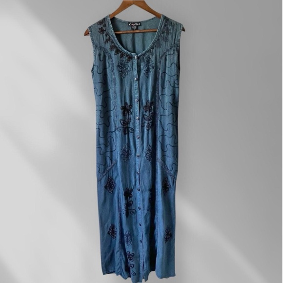 Vintage Lotus Blue Embroidered Hippie Whimsigoth Boho Shift Sheath Dress Small - Picture 1 of 7